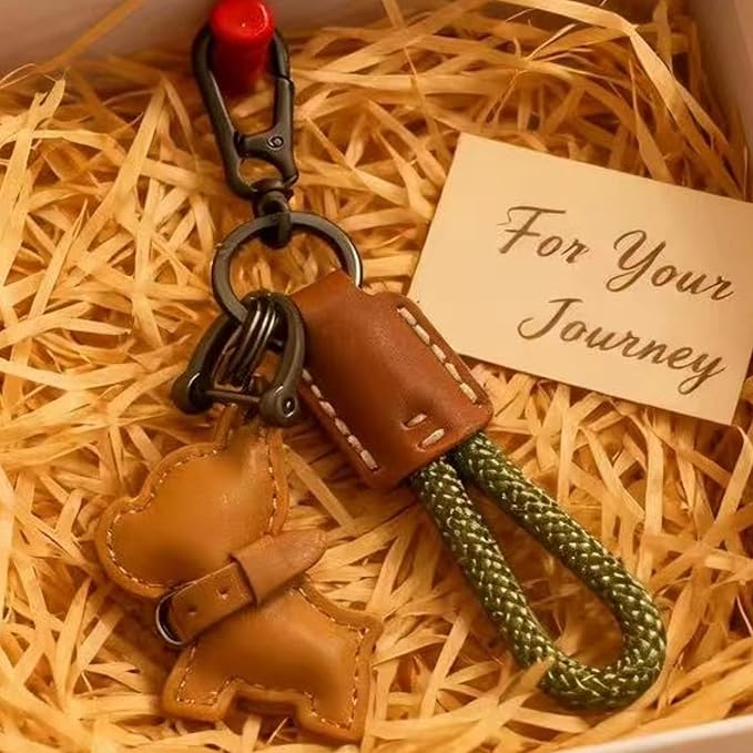 Handmade French Bulldog Keychain - Genuine Cowhide Leather & Braided Rope Car Key Fob Holder with D-Ring & Quick-Release, Cute Puppy Bag Charm Gift for Women Men (Brown Leather Green Rope)