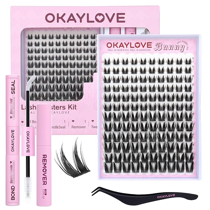 OKAYLOVE Manga Lash Clusters Kit, BUNNY 8-18mm Anime Cluster Eyelash Extensions Kit, 120pcs CC Curl Fairy Wipsy Lashes Clear Band Natural Eyelashes with Bond and Seal, Remover, Tweezers
