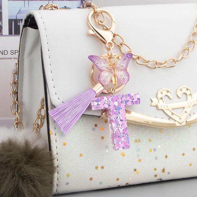 Initial letter Keychains for Women Girls Tassel Butterfly Cute Keychain for Wallet Backpack charm