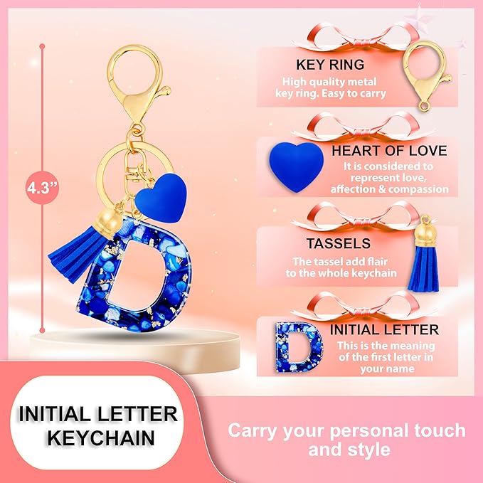 Initial Keychains for Women with Cute Heart Resin - Alphabet Letter Keychain for Bag, Backpacks, Purse or Car key