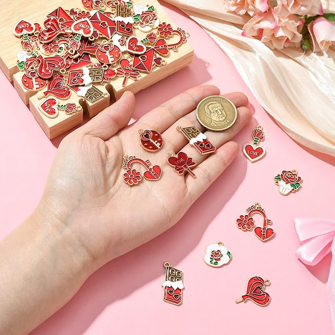 Stiesy 45 Pcs 9 Styles Romantic Sweet Enamel Valentine's Day Charms Red Heart Love Envelope Chocolate Flower Charm Pendant Bulk for DIY Date Necklace Bracelet Earring Presents