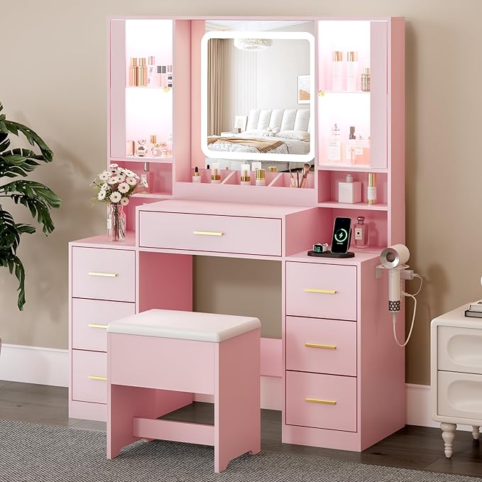 Vanity Desk with Mirror & Lights, Makeup Vanity with Power Strip & Chair, 7 Drawers & 2 Cabinets, Hair Dryer Holder, RGB Cabinet Lighting, 3-Color Dimmable Mirror, and Cushioned Stool