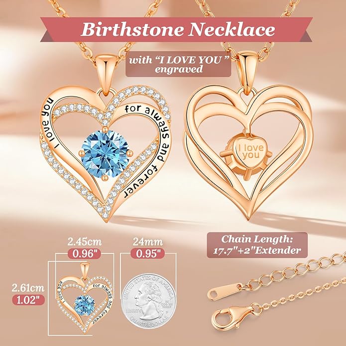 CDE Forever Love Heart Necklaces for Women, Wedding Anniversary, Birthday Mothers Day Christmas Day Gifts for Mom, Mother, Wife, friend, S925 Silver Jewelry with Birthstone Pendant