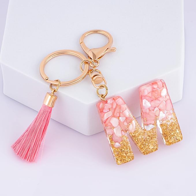 Suweibuke Cute Pink Key Chains for Women Girls, Initial Letter Keychains with Tassel, Charms for Key Purse Handbags Backpacks