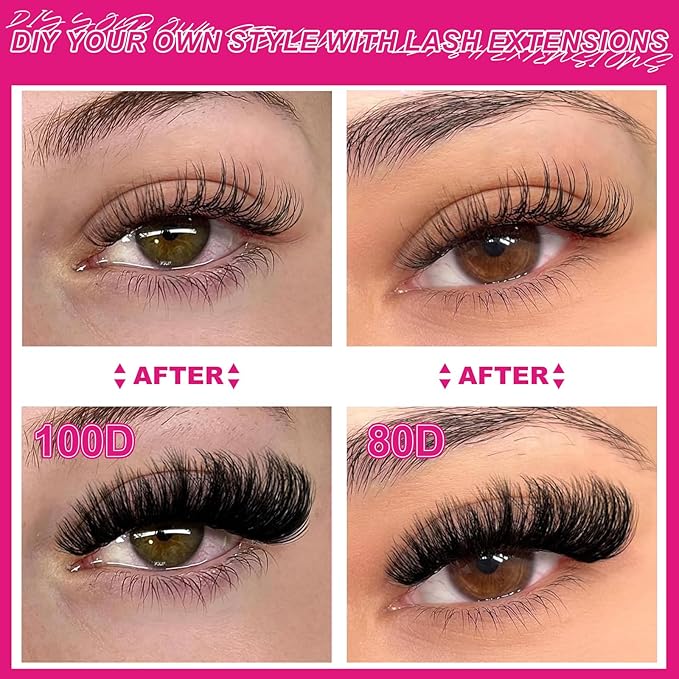 Fowendia Lash Clusters Kit Fluff 80D 100D Individual Lashes D Curl Cluster Eyelash Extensions 10-18mm DIY Lash Extension Kit Lash Bond and Seal Waterproof, Lash Applicator, Thick False Eyelashes Kit