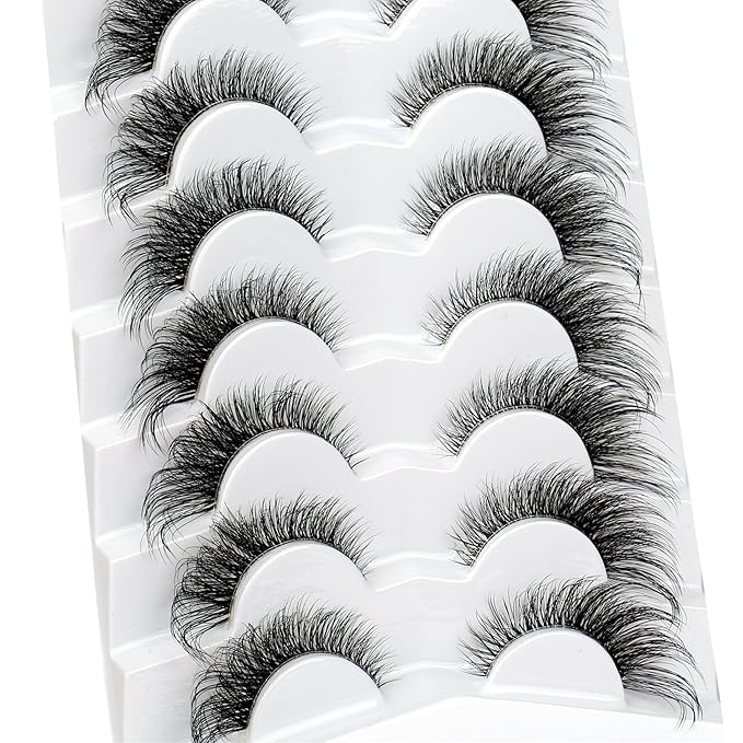 Pooplunch False Eyelashes Foxy Cat Eye Look Natural Lashes Wispy Short Extension Fluffy Volume Clear Band Faux Mink Fake Eyelash Strips 7 Pairs Pack