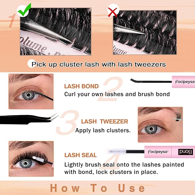 Focipeysa Lash Extension Kit Full Volume Eyelash Extension kit with Lash Bond and Seal Thick Lash Clusters DIY Lash Extensions Kit Wispy Individual Lashes 12-18mm DIY D-Curly Lash Extension