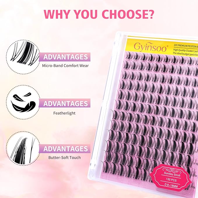 Gyinsoo DIY Lash Extension Kit "Sunday Stroll" - 132Pcs Wispy Manga Clusters (8-18mm) with Bond and Seal, Remover, Tweezers - D Curl Individual Lashes