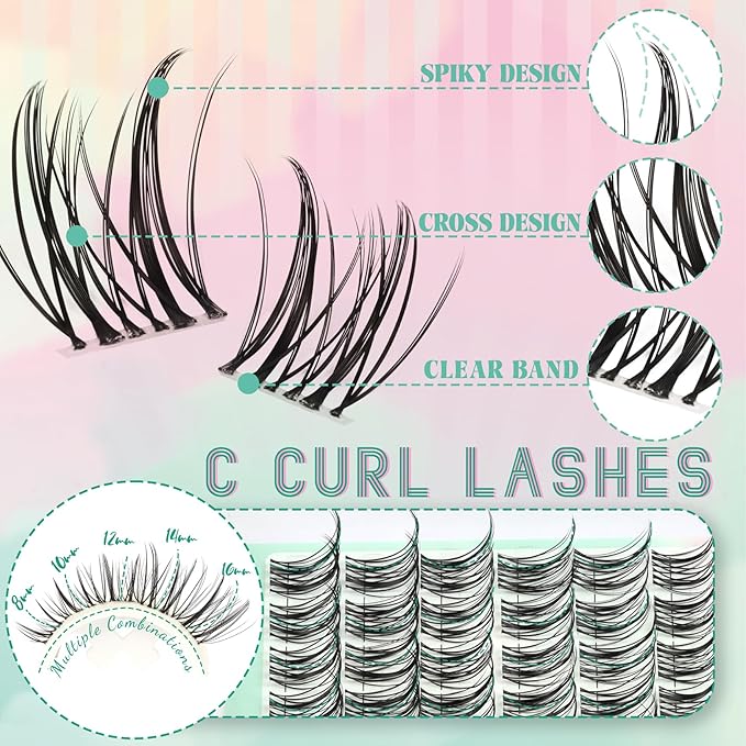 Lash Clusters Manga Individual Deer Lashes with Clear Band Spiky Natural C Curl 120PCS 8-16MM Mixed Eyelash Extensions for DIY Doe Eyed Japan Korean Anime Eyelash Clusters at Home (Thorns)