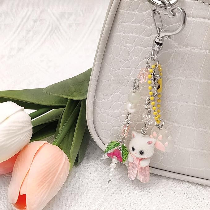 Cute Pink Keychain,Fuzzy Cat Keychain Aesthetic Y2K KeychainStylish KeychainsAccessories