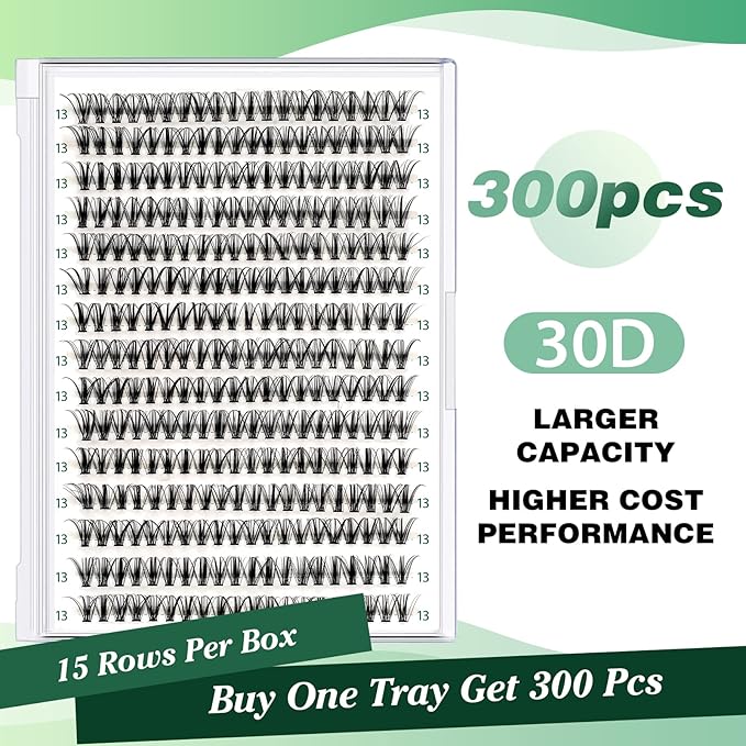 Lash Clusters 300pcs Individual Lashes 30D 0.07D Curl 13mm DIY Eyelash Extension KEYYOU Large Tray Volume Soft&Natural Cluster Lashes(30D-0.07D,13）