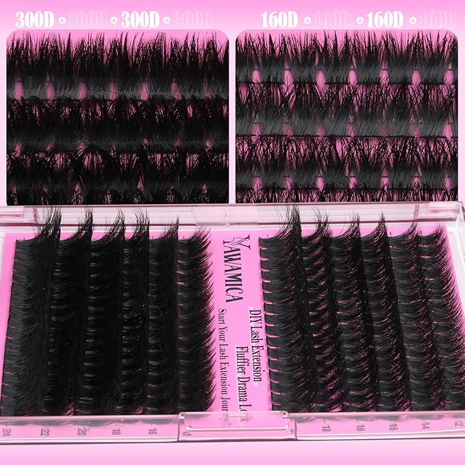 Yawamica Volume Lash Clusters Fluffy Wispy Eyelash Clusters 160D+300D Cluster Eyelash Extensions 12-24mm Long Thick Individual Lashes Dramatic Full Cluster Lashes DIY Salon Extension by Self