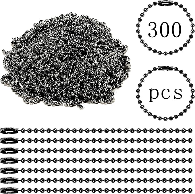 300 Pcs Black Ball Chain Bulk，Metal Bead Chain，Keychain Chains，Black Nickel Plated Metal 3.9" Long 2.4mm Ball Bead Chains，for Hanging Christmas Decoration
