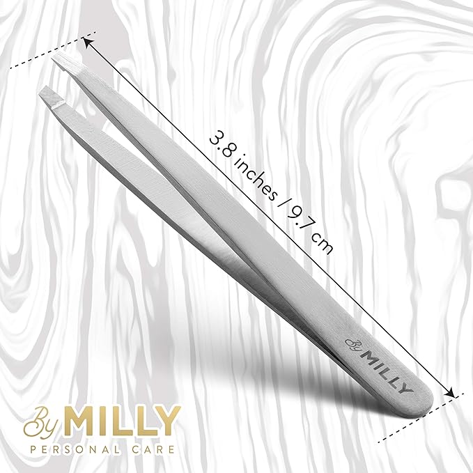 By MILLY Professional Slanted Tweezers for Women & Men | High Carbon Stainless Steel Sharp Tweezer | Tweezers for Women Facial Hair Plucking, Hand-Filed & Aligned Precision Slant Tips - Silver