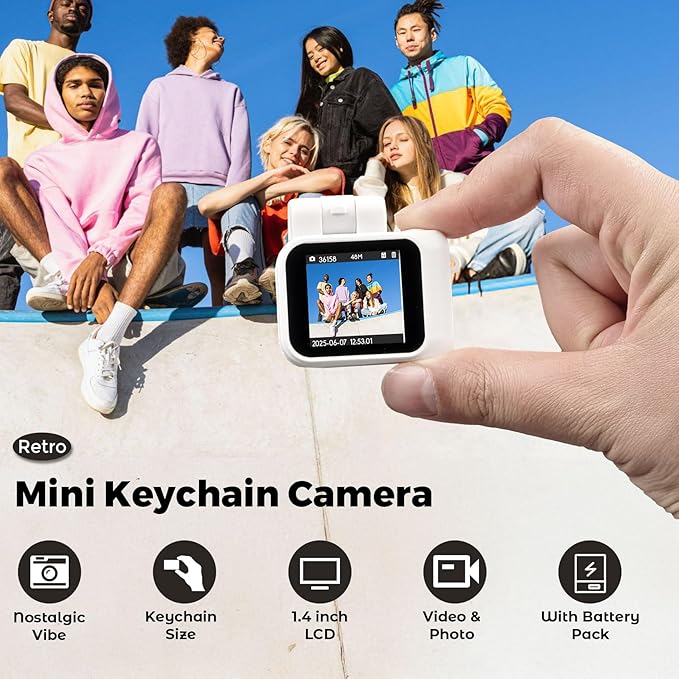 Small Digital Camera Keychain with Flash Light 1080p Tiny Camera Mini Retro Micro 1.4 in LCD Screen 32GB Card Charging Base Compact Portable Recorder for Travel Study Recording (White)