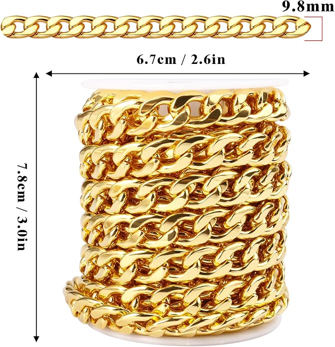 16.5 Ft Stainless Steel Curb Chains, 5mm 6mm 7mm 9mm Cuban Chain Roll Bulk for Jewelry Making