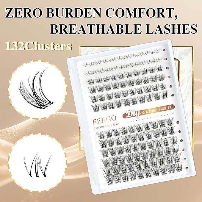 FEEGO Natural Mix Lash Kits 12 Row Upper Lash + Lower Lash Set 132pcs Lashes, Complete Eye Makeup Set 3D Curl Adapts to a wide range of eye shapes (Includes Lash Bond/Seal Glue/Remover/Tweezers)