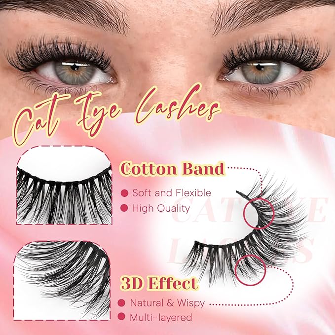 Ahrikiss Lashes Fluffy False Eyelashes Cat Eye Lashes 8 Pairs Faux Mink Lashes 5D Full Strip Lashes Kit with Lash Glue and Lash Tweezers Soft Wispy Fake Lashes (Plume)