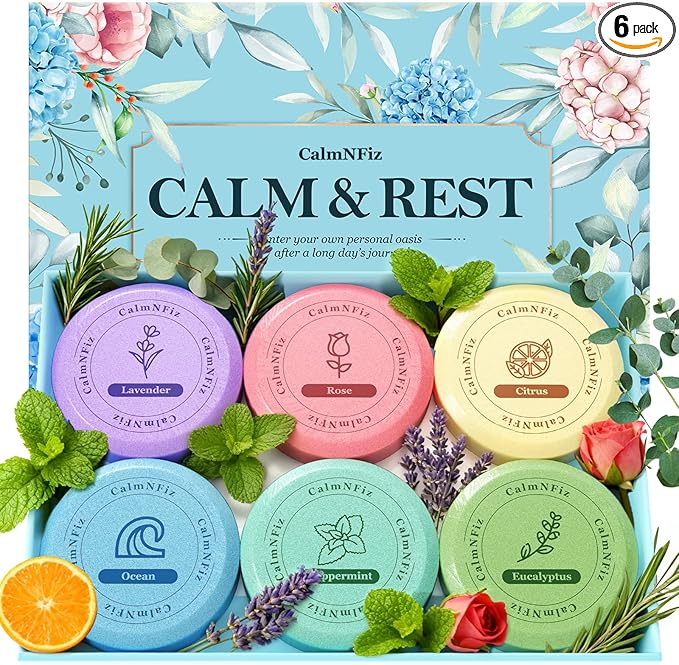 CalmNFiz 6 Pack Shower Steamers Aromatherapy, Stocking Stuffers for Women Men, Birthday Gifts for Her, Christmas White Elephant Gifts for Mom Adults Teen, Relaxation Self Care Natural Essential Oil