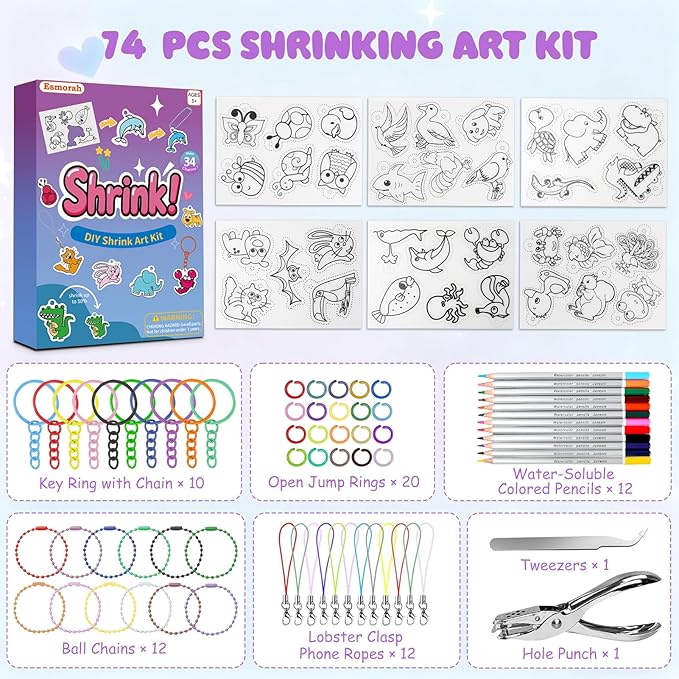 74PCS Shrink Dink Sheets Keychain Kit, Shrink Plastic Sheets with 6PCS 7.9"x5.7" Patterned Shrinking Film Art Paper for Kids DIY Crafts, Thanksgiving & Christmas Ornaments, White Elephant Gift