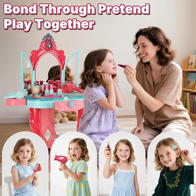 Kids Vanity Set with Mirror, Lights & Music – Princess Makeup Vanity Table & Stool with Hair Dryer & Accessories, Pretend Play Beauty Salon Toy for Girls Ages 3–6 Birthday Gift (Blue)