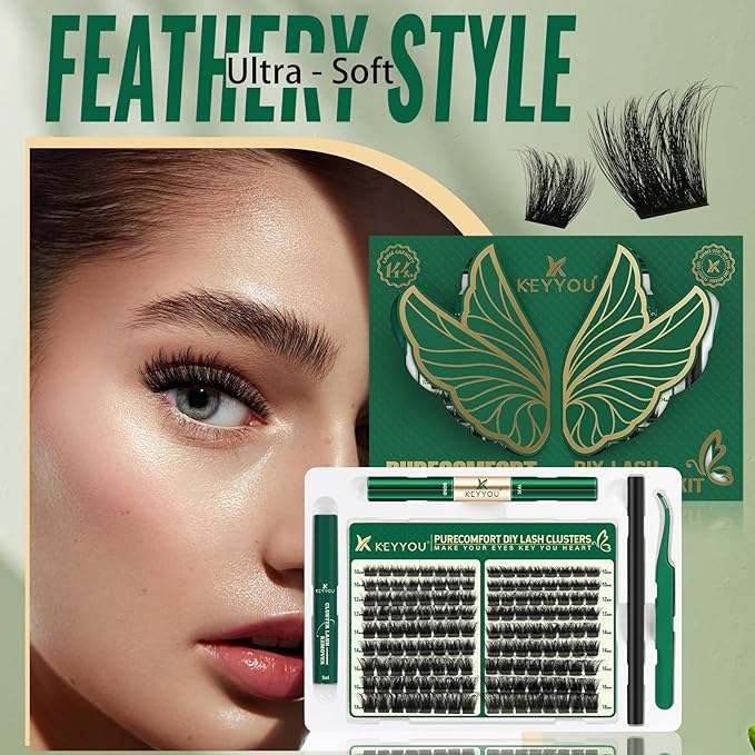 KEYYOU Lash Extension Kit 144pcs Thick Super Soft Lash Clusters,10-18mm D Curl Individual Lashes Kit with Bond and Seal Applicator and Brush Remover Easy to DIY at Home（PC03Kit-D-10-18MIX）