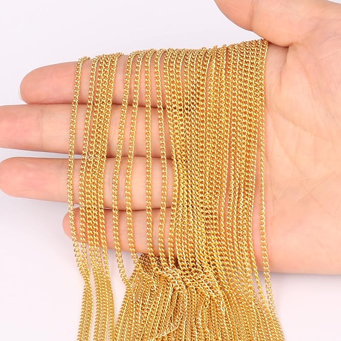 [66 Feet/ 20M] 18K Gold Plated Stainless Steel Curb Chain, 2mm 304 Stainless Steel Flat Twisted Links Curb Chains Bulk for Jewelry Making Necklace DIY Craft