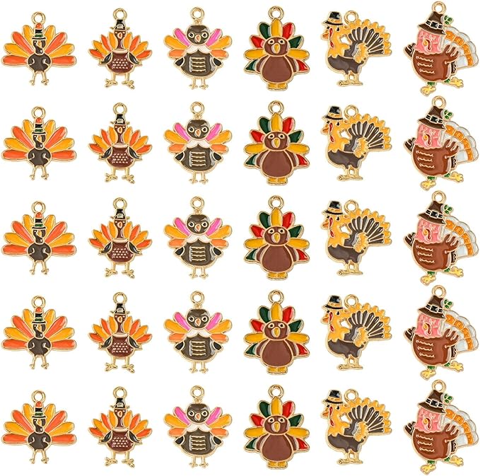 Stiesy 30 Pcs 6 Styles Enamel Assorted Turkey Charms Golden Color Thanksgiving Day Alloy Metal Charms Pendants Bulk for Bracelets Necklace Earring Jewelry Making DIY Craft