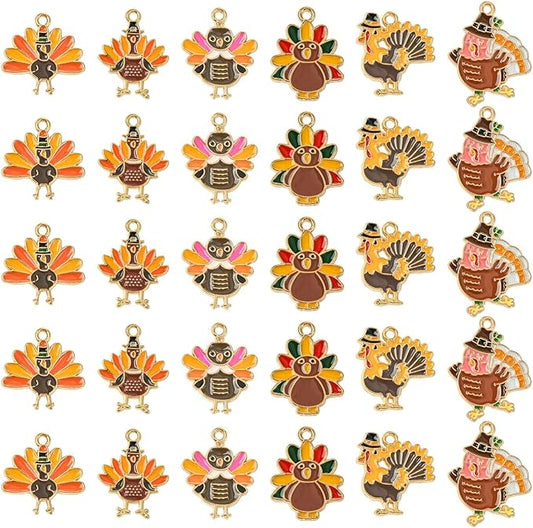 Stiesy 30 Pcs 6 Styles Enamel Assorted Turkey Charms Golden Color Thanksgiving Day Alloy Metal Charms Pendants Bulk for Bracelets Necklace Earring Jewelry Making DIY Craft