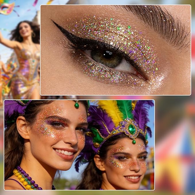 DAGEDA Body Glitter Gel, Roll-on Face Glitter for Mardi Gras Oufits Accessories for Women, Mardi Gras Green Purple Gold Hair Glitters,Body Shimmer Makeup for Carnival Party