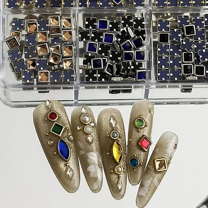 Luxury 3D Nail Art Charms Rhinestones, CYHYII 1 Box Metal Jewelry Nail Decoration Mixed Styles Colors Shiny Diamonds Vintage Pendants Nail Gems for Nail Decoration
