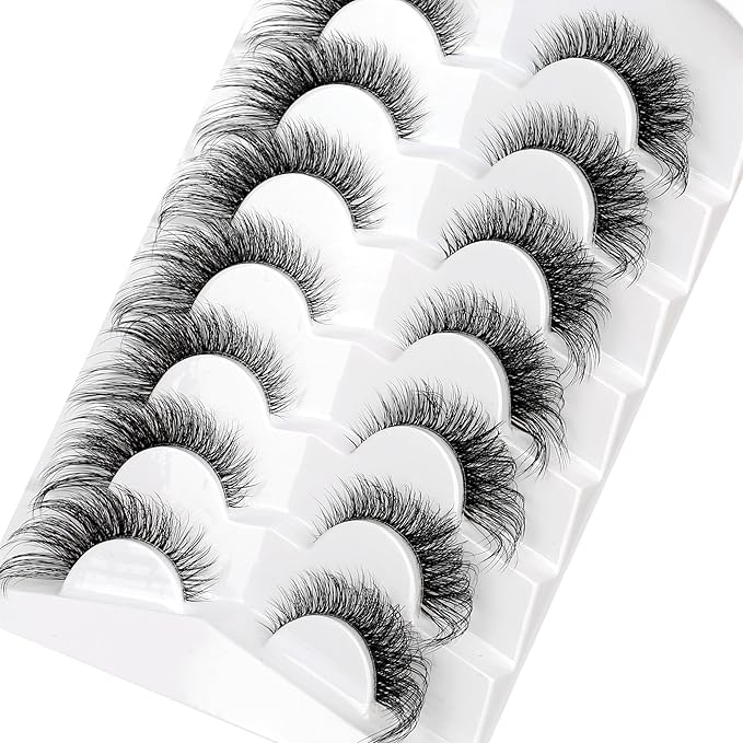 Pooplunch False Eyelashes Foxy Cat Eye Look Natural Lashes Wispy Short Extension Fluffy Volume Clear Band Faux Mink Fake Eyelash Strips 7 Pairs Pack