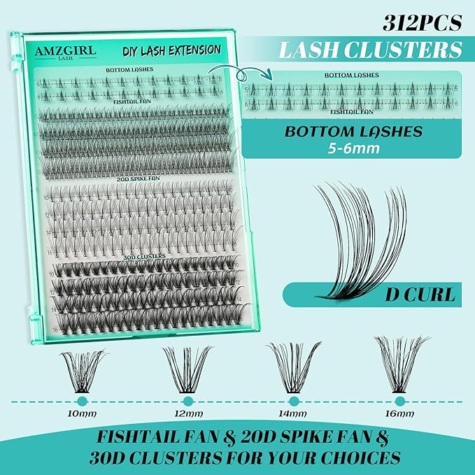 Lash Clusters Wispy 348PCS Eyelash Extension DIY Multi-Type Faux Bottom Lashes Lash Extension Natural Look Cluster Eyelash Extensions Soft False Eyelashes at Home for Beginners(D-Mix5-16mm)