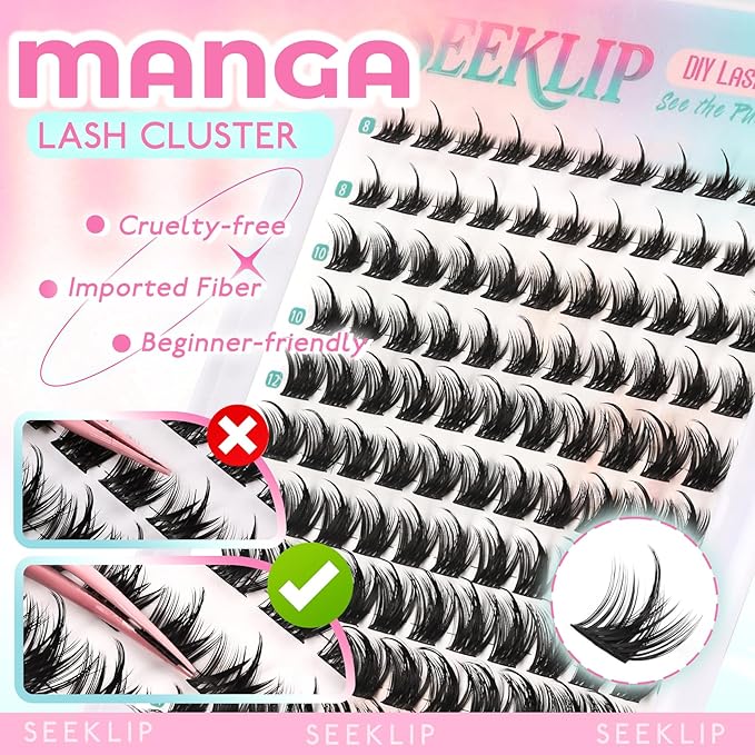 Lash Clusters Thick Manga Lash Clusters Thin Band Spiky Doll Eyelash Clusters with Crisscross Doe Eyed Spike 132 Pcs Individual Lashes for DIY Cosplay Japan Korean Eyelash Extensions (Lily)