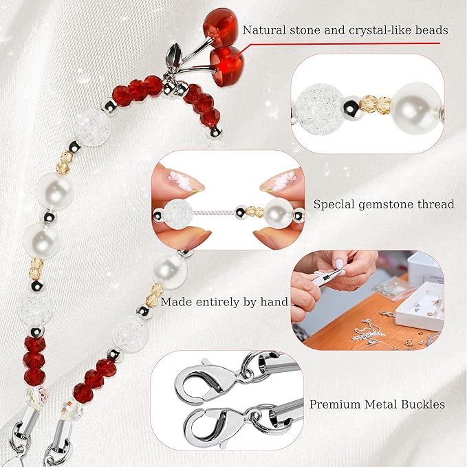 Marble Beaded Phone Wrist Strap,Detachable Phone Bracelet Strap with Tether Tab,Hands-Free Wristlet Strap (Red Cherry)