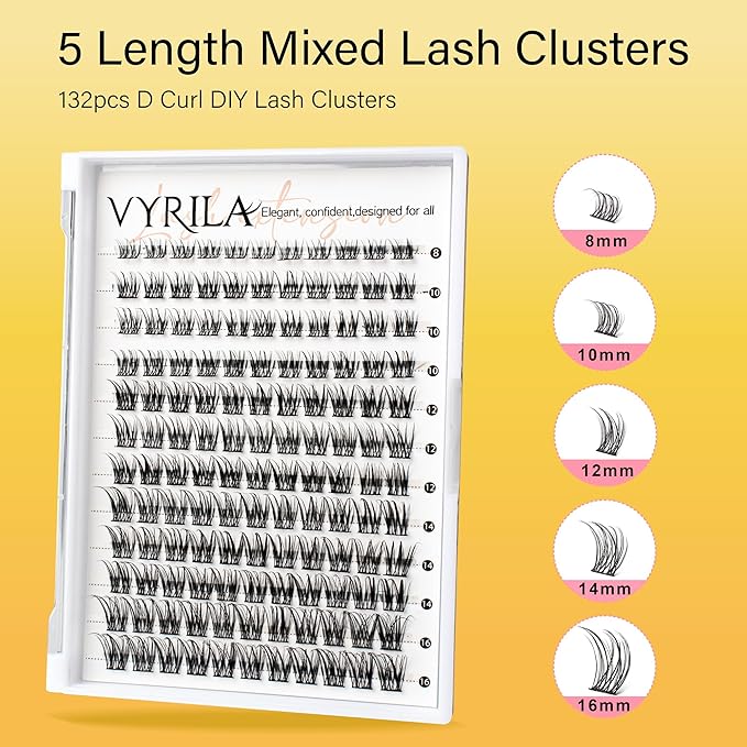 VYRILA Lash Clusters 8-16mm, False Eyelashes 132pcs, Cluster Eyelash Extensions Matte Black Soft, Diy Lash Extensions D Curl Natural Lash Clusters Faux Mink Lashes Wispy（Pure,132pcs,0.07,D,8-16MIX)