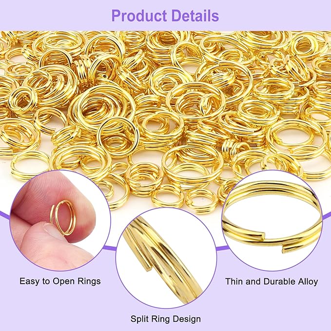 1000pcs Double Jump Ring for Jewelry Making, 6 Sizes Mini Split Ring Double Loops Split Jump Rings Metal Rings Connectors for Necklace Bracelet Car Keys DIY Craft Making(Gold)