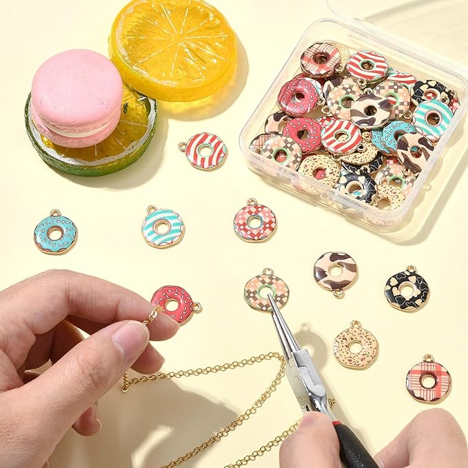 Stiesy 50 Pcs 10 Colors Dessert Donut Charms Pendants Cute Enamel Doughnut Food Alloy Metal Charms Bulk for Jewelry Crafts Necklace Bracelets Earring Making DIY Presents