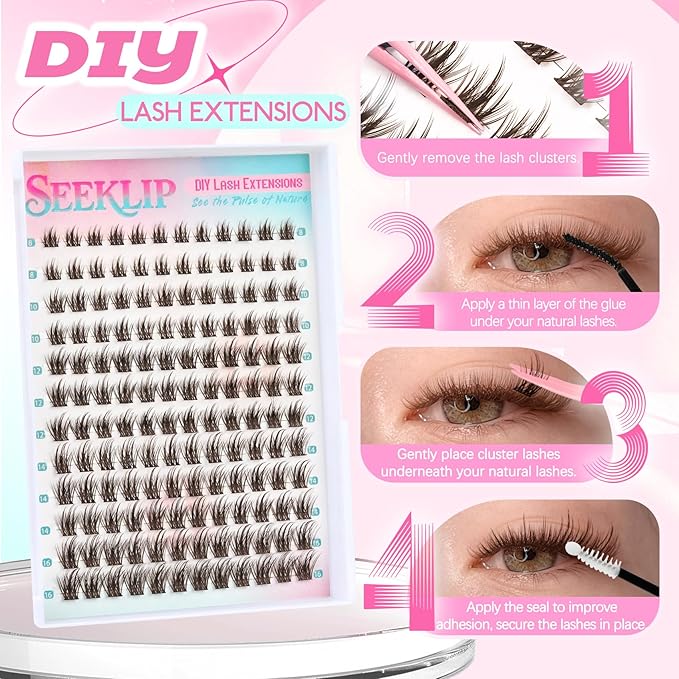 Lash Clusters Spiky Brown Manga Lash Clusters Looks Like Eyelash Extensions 144Pcs 8-16MM C Curl Dark Brown Doll Anime Cluser Lashes Thin Band Soft Doe Eyed Individual Lashes (Lavender-Brown)