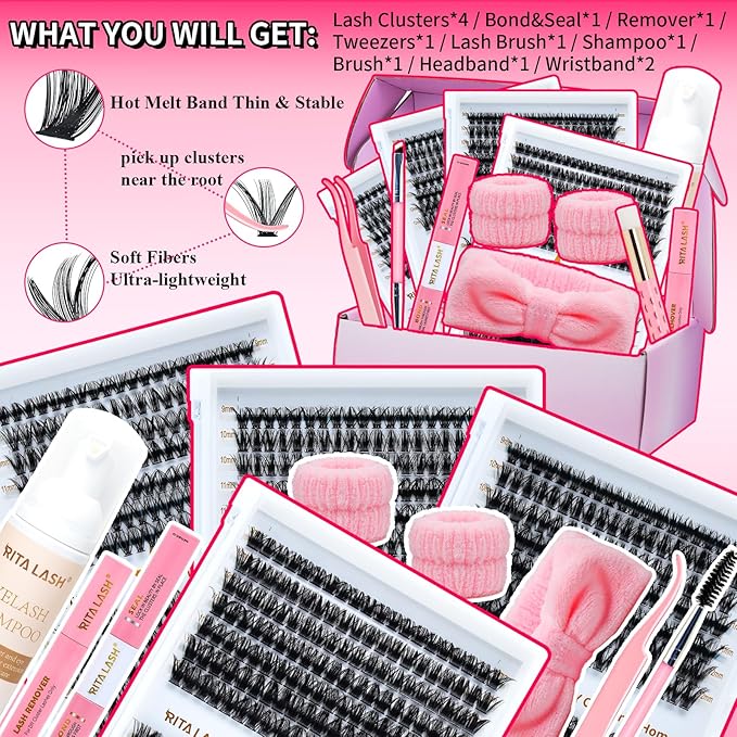 Lash Clusters Kit Eyelash Clusters Kit Cluster Eyelash Extensions Large Pack Lashes Clusters Lash Extension Kit Pestañas Postizas Naturales+Lash Bond&Seal,Remover,Tweezers,Cleanser,Tools(Lash Kit-10)