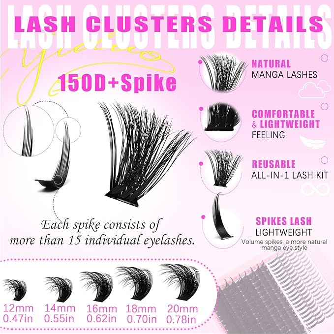 YIDUO Lashes Clusters Kit 150D Volume EyeLash Clusters with Spikes 12-20MM D Curl Manga Wispy Eyelashes Extensions Kit 230pcs Thick Individual DIY Eyeash Clusters with Bond and Seal Tweezers Removers
