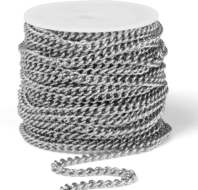 33FT Stainless Steel Curb Chain Roll, 5mm 304 Stainless Steel Flat Twisted Links Curb Chains Bulk Spool for Jewelry Making Necklace DIY Craft