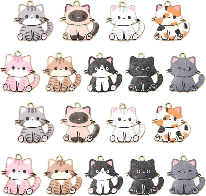 Stiesy 45 Pcs 9 Colors Enamel Cat Charms for Jewelry Making Kawaii Printed Kitten Animal Bracelet Charms for Jewelry Making Crafts DIY Necklace Earring