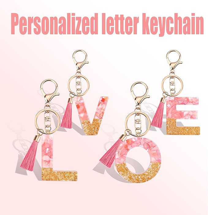 Suweibuke Cute Pink Key Chains for Women Girls, Initial Letter Keychains with Tassel, Charms for Key Purse Handbags Backpacks