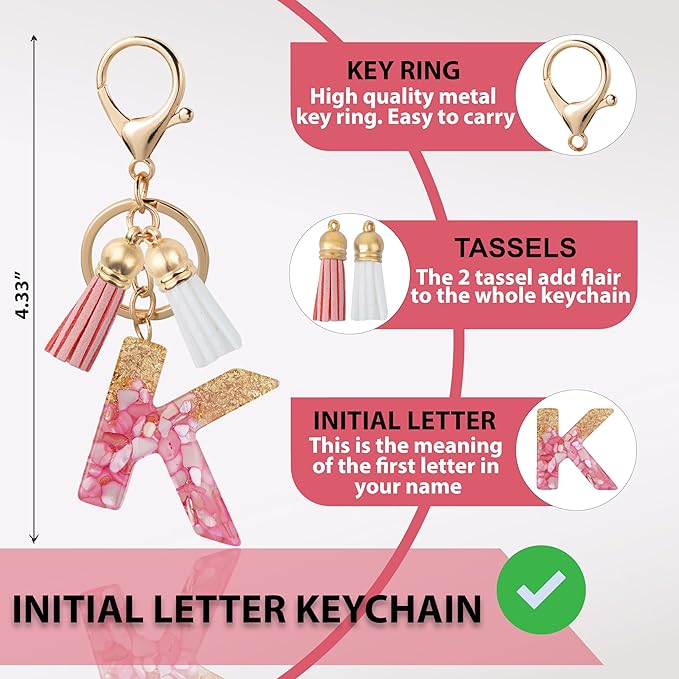 Initial Letter Keychain Cute Resin with 2 PU Tassel, Letter Keychain for Backpack Charms, Initial Keychains for Women
