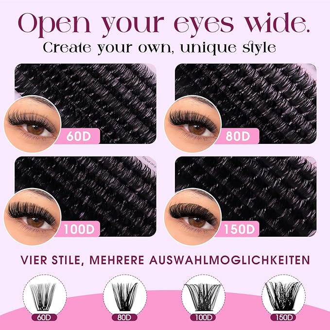 Lash Clusters Kit 60D+80D+100D+150D Wispy Individual Lashes Kit D-Curly Volume Lash Extensions 10-18mm Natural DIY Cluster Lashes Kit for Beginners