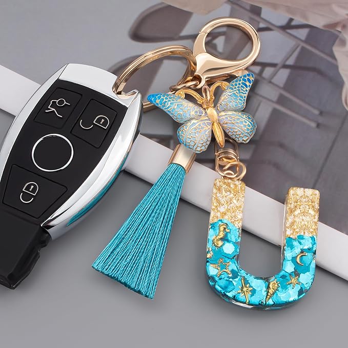 Suweibuke Cute Pink Key Chains for Women Girls, Initial Letter Keychains with Tassel, Charms for Key Purse Handbags Backpacks