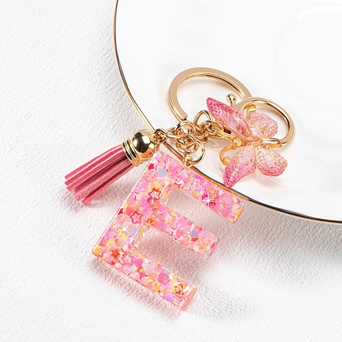 Initial letter Keychains for Women Girls Tassel Butterfly Cute Keychain for Wallet Backpack charm