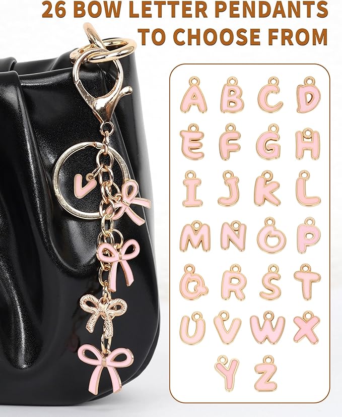 Bow Purse Charms Keychain - Pink Bow Alphabet Letter Key Chain, Bag Charms Wallet