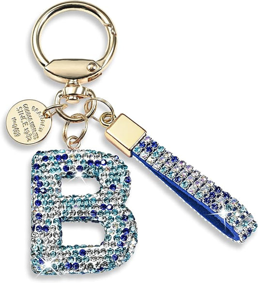 Pink Blue White Initial Letter Keychain Gift for Women Girls Bling Sparkly Cute Backpack Car Key Accessories Lanyard